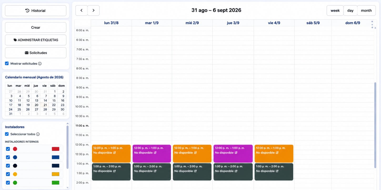 Vista complementaria del módulo Calendario operativo