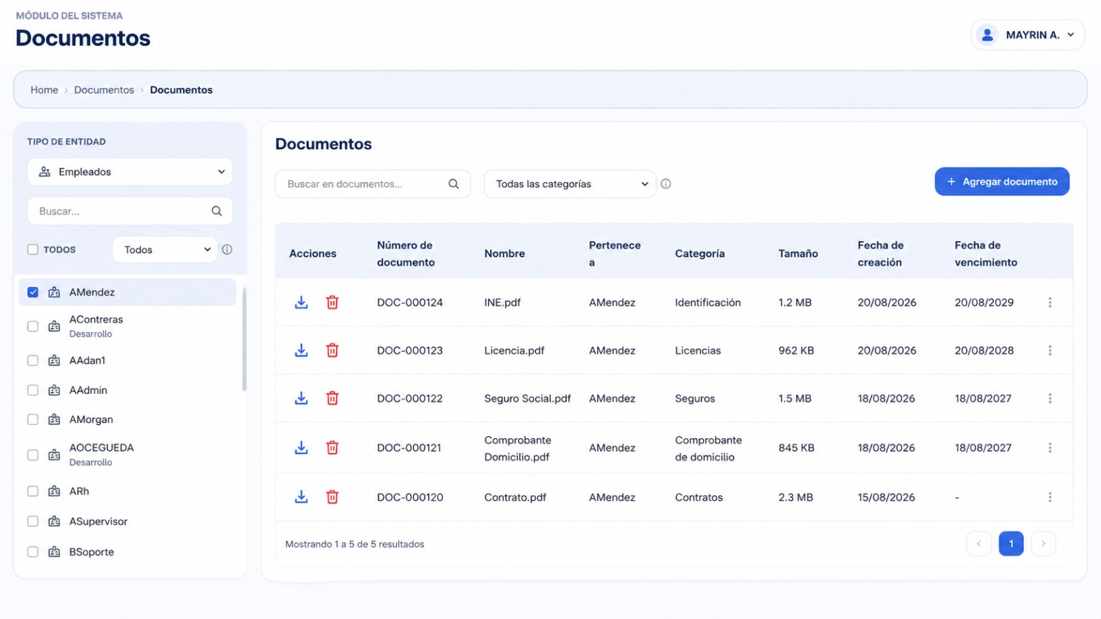 Vista complementaria del módulo Documentos