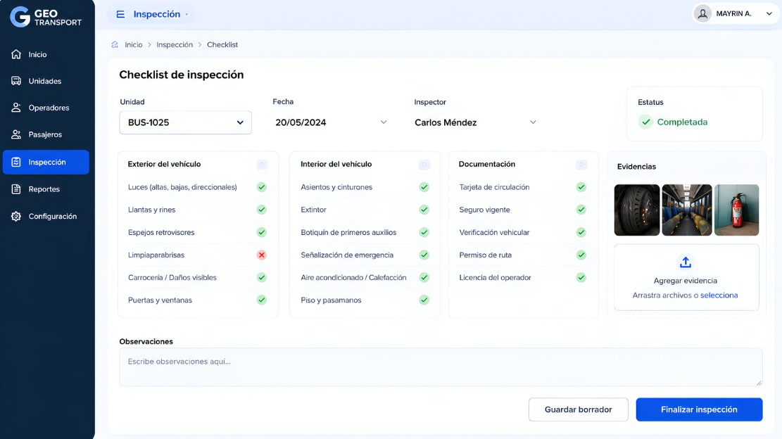 Vista complementaria del módulo Inspección